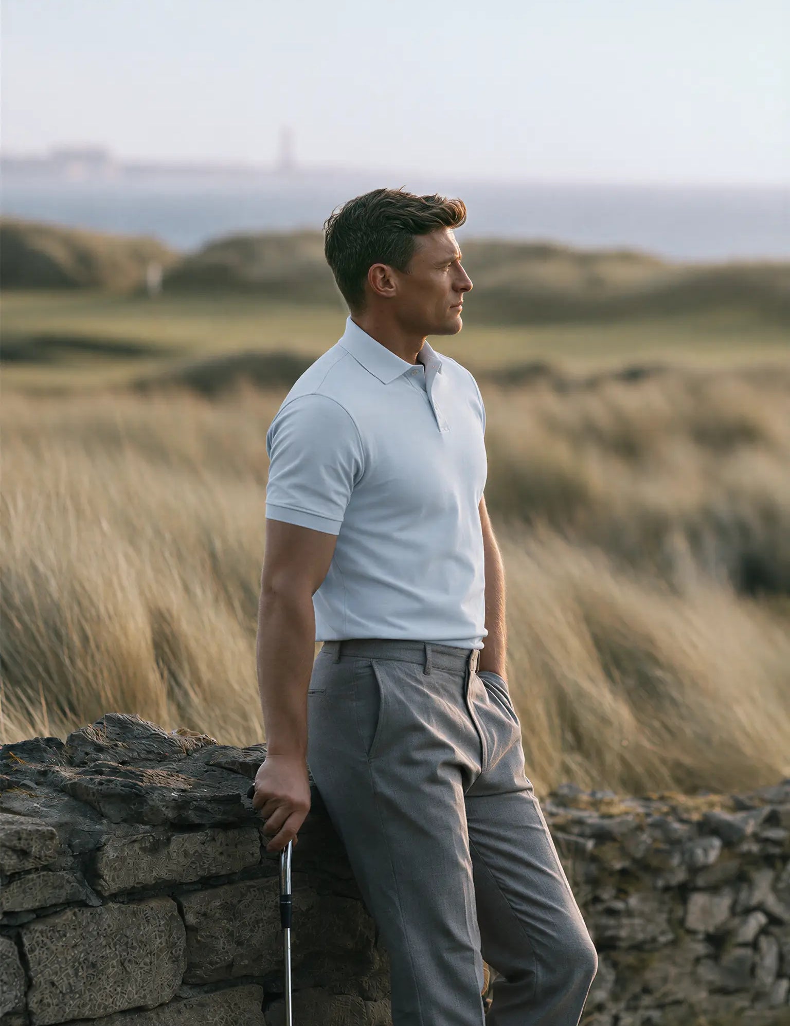Model wearing the light blue Glacier Biome polo and gray trousers beside a coastal stone wall.