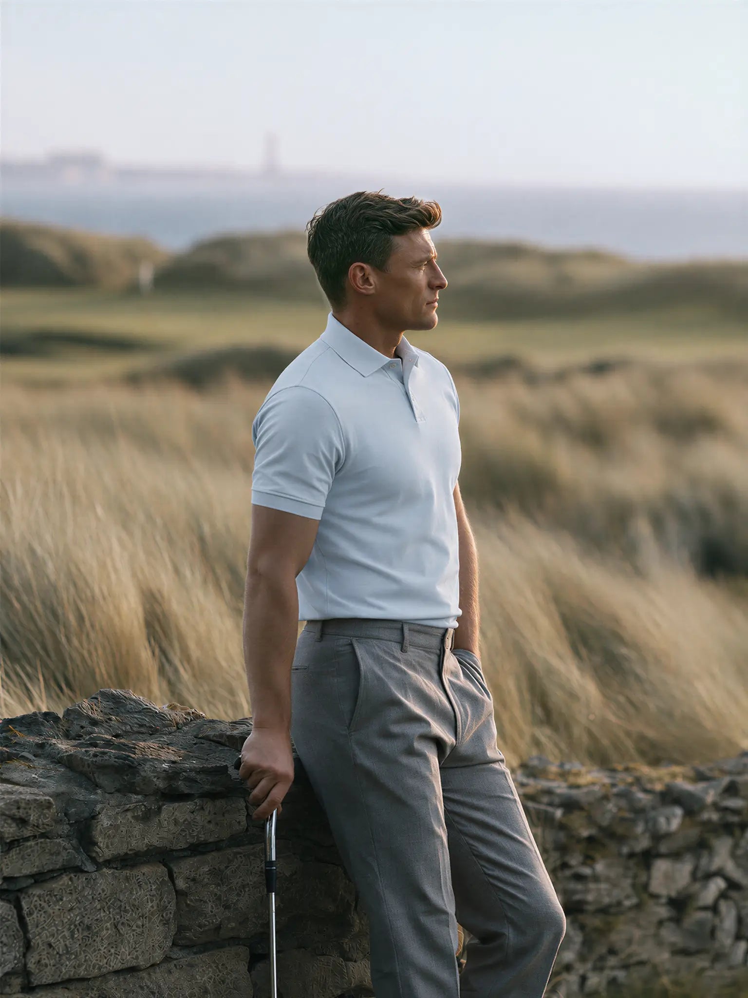 Model wearing the light blue Glacier Biome polo and gray trousers beside a coastal stone wall.