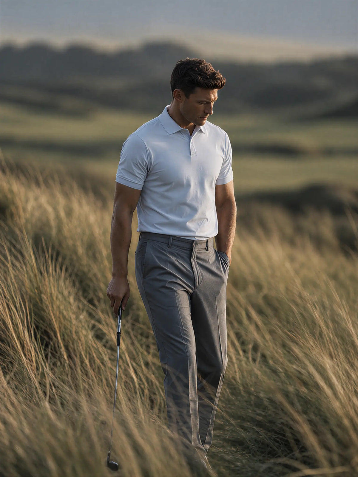 Golfer wearing the Glacier Biome polo and gray trousers walking through tall coastal grass.