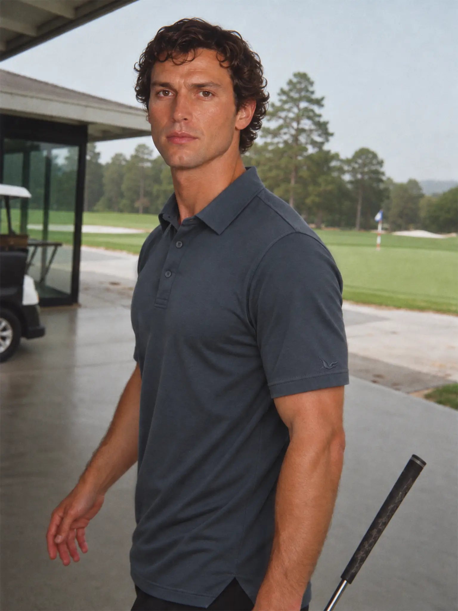 Front three-quarter view of a model wearing the Volcanic Ash Biome polo beside a golf green.